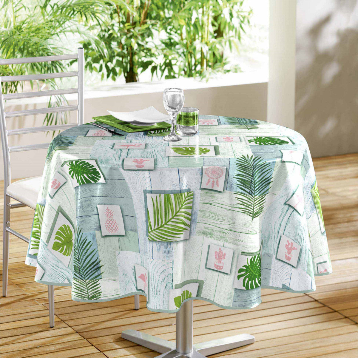 Bahia - Rund voksduk med grønne blader, Ø 160 cm