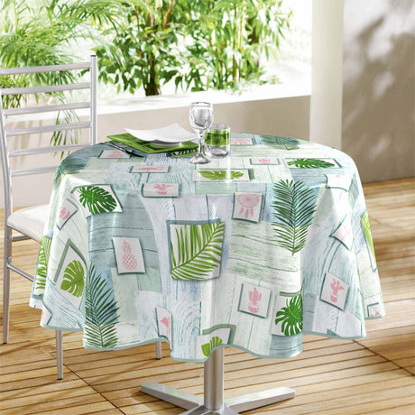 Bahia - Rund voksduk med grønne blader, Ø 160 cm