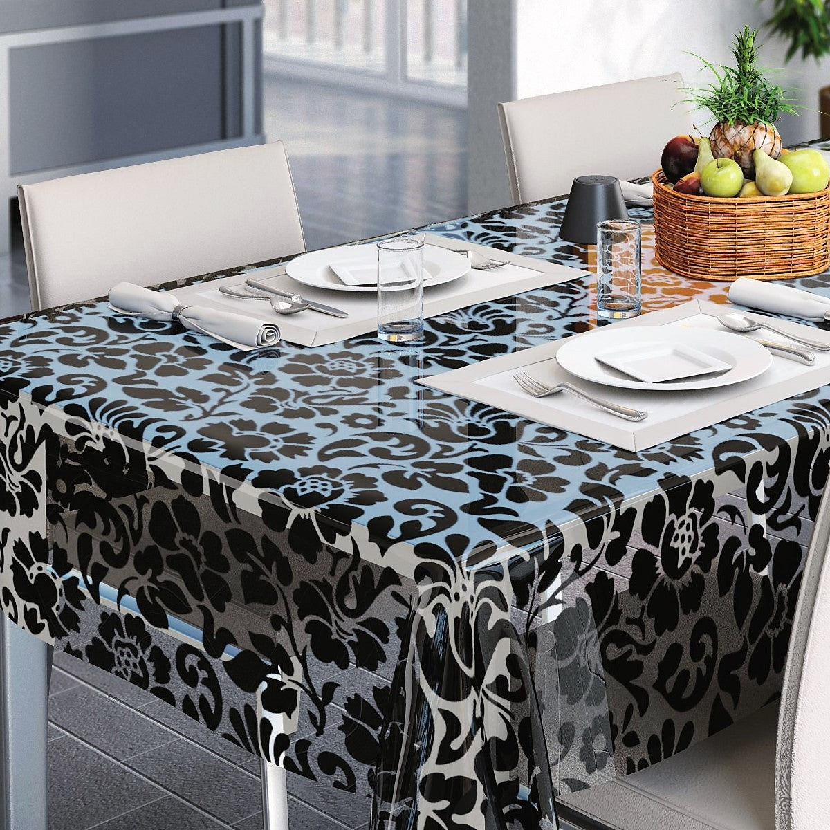 Barock, matt gjennomsiktig voksduk med svarte blomster