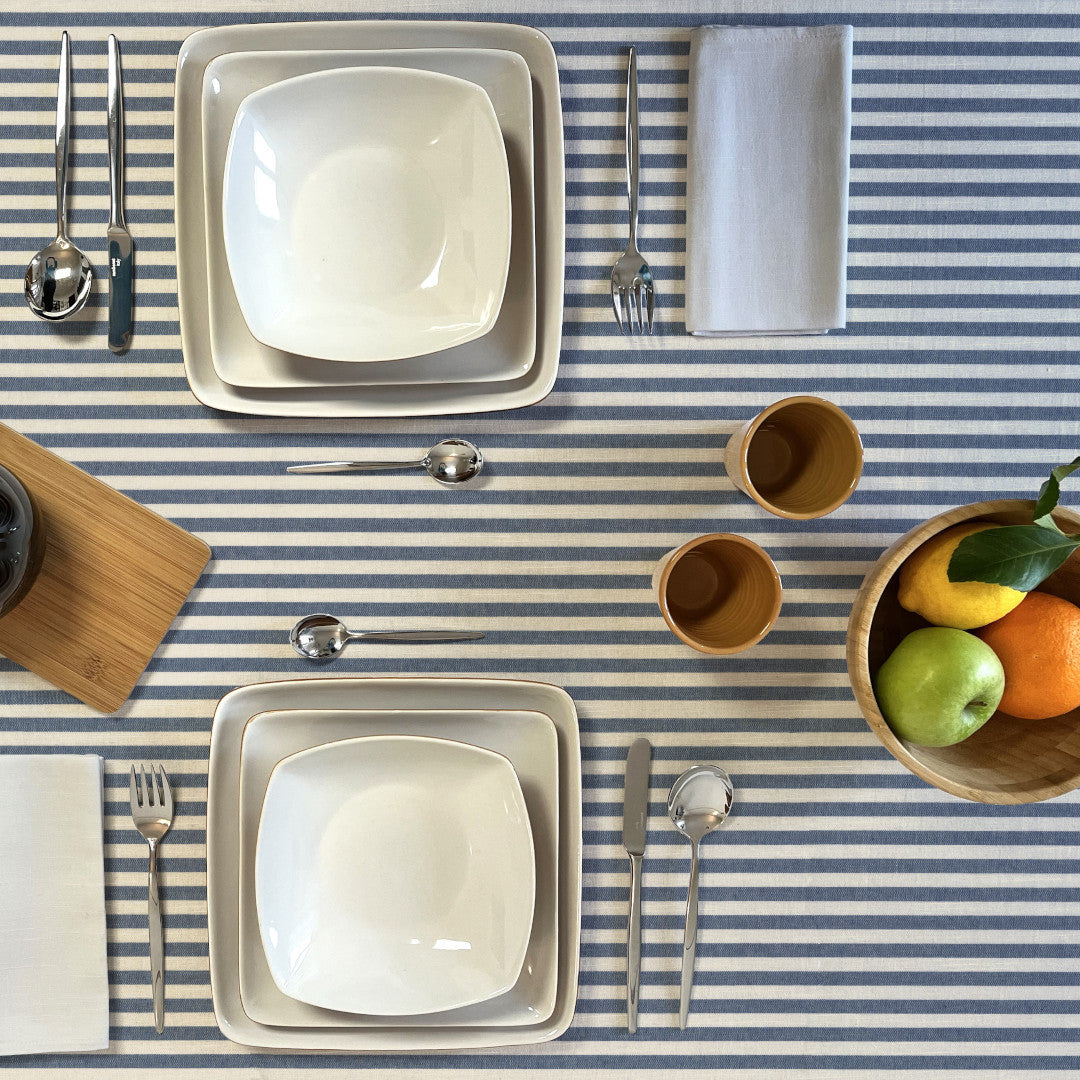 Blå Nordisk Stripe – Akrylduk i rustikk hørlook, med dekking