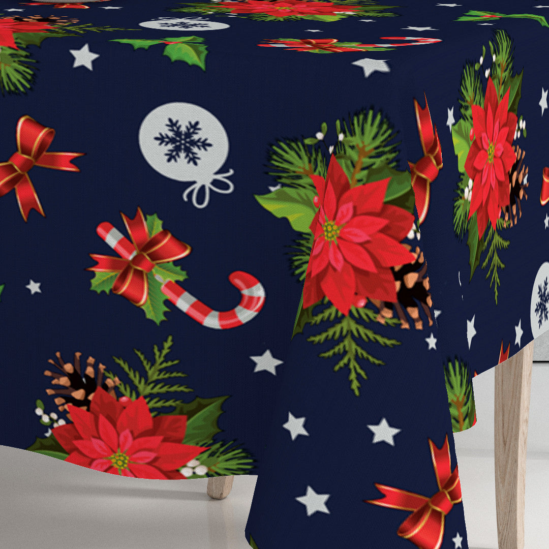 Nærbilde av hjørne på Blå Vinterfest voksduk med julemotiver