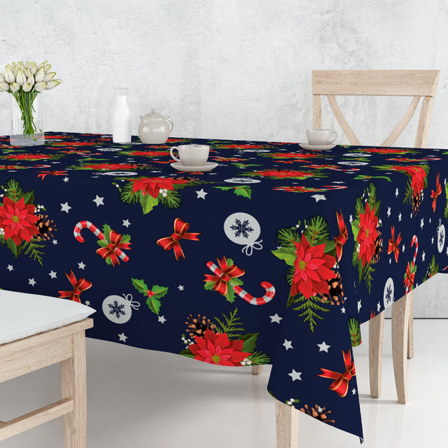 Blå Vinterfest – voksduk på bord med julestjerner