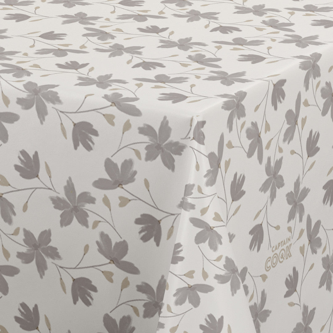 Bloom Maitake - 160 cm bred voksduk, blomster, grå beige