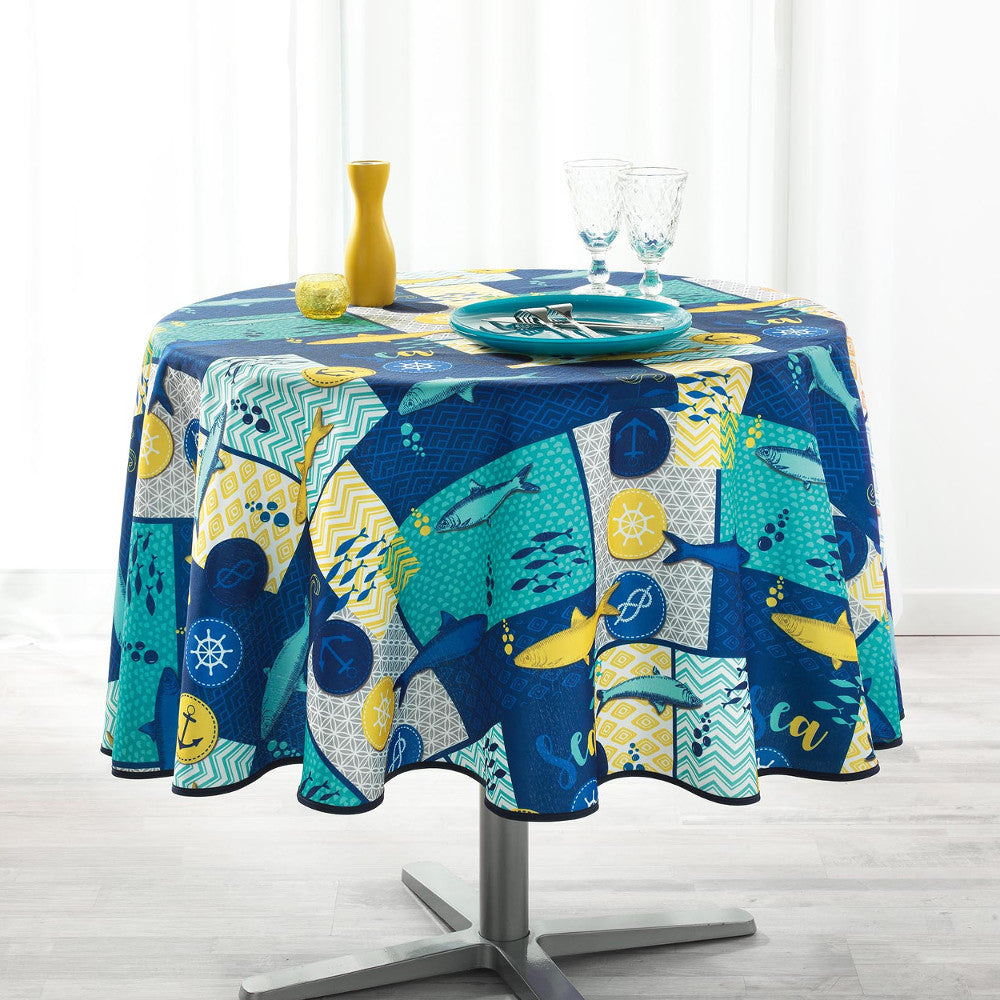 Blue Lagoon Navy Blue Ø 180 cm, rund bordduk med flekkavvisende behandling