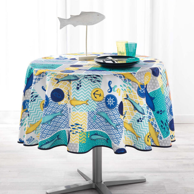 Blue Lagoon White Ø 180 cm, rund bordduk med flekkavvisende behandling