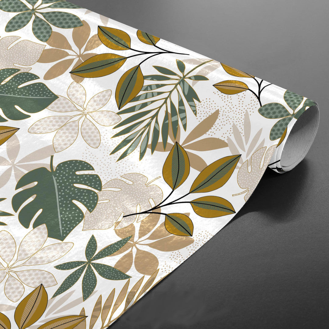 Opprullet Bruinelle Green – Voksduk med bladmønster i grønt og beige