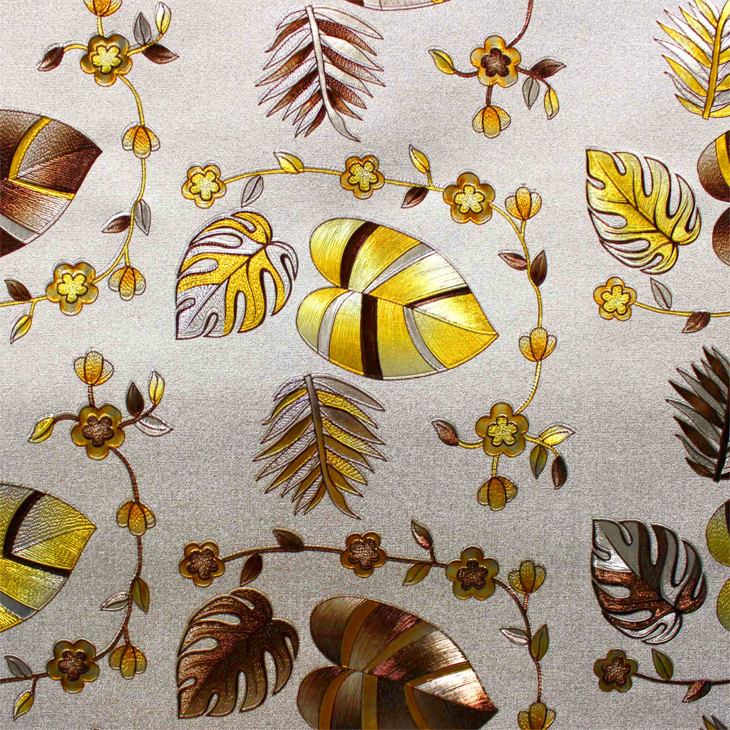 Caprice Metallic Yellow - Voksduk med blader og blomster