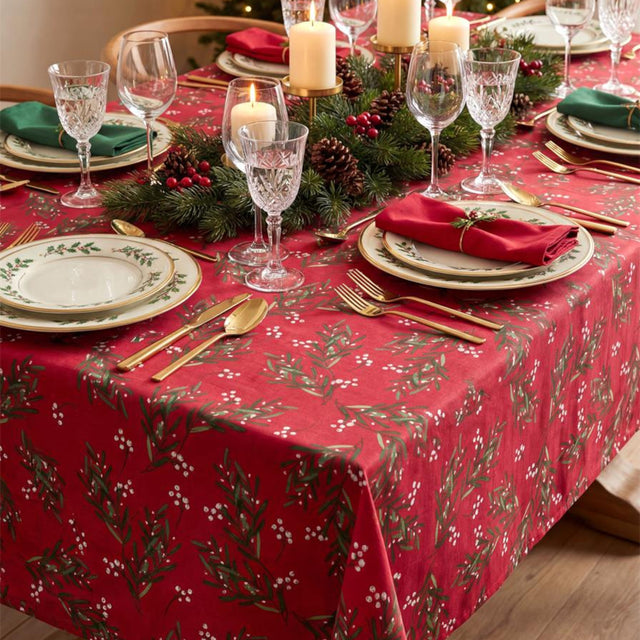 Christmas Greenery Rød – Juleduk med flekkavvisende behandling 150 x 300 cm