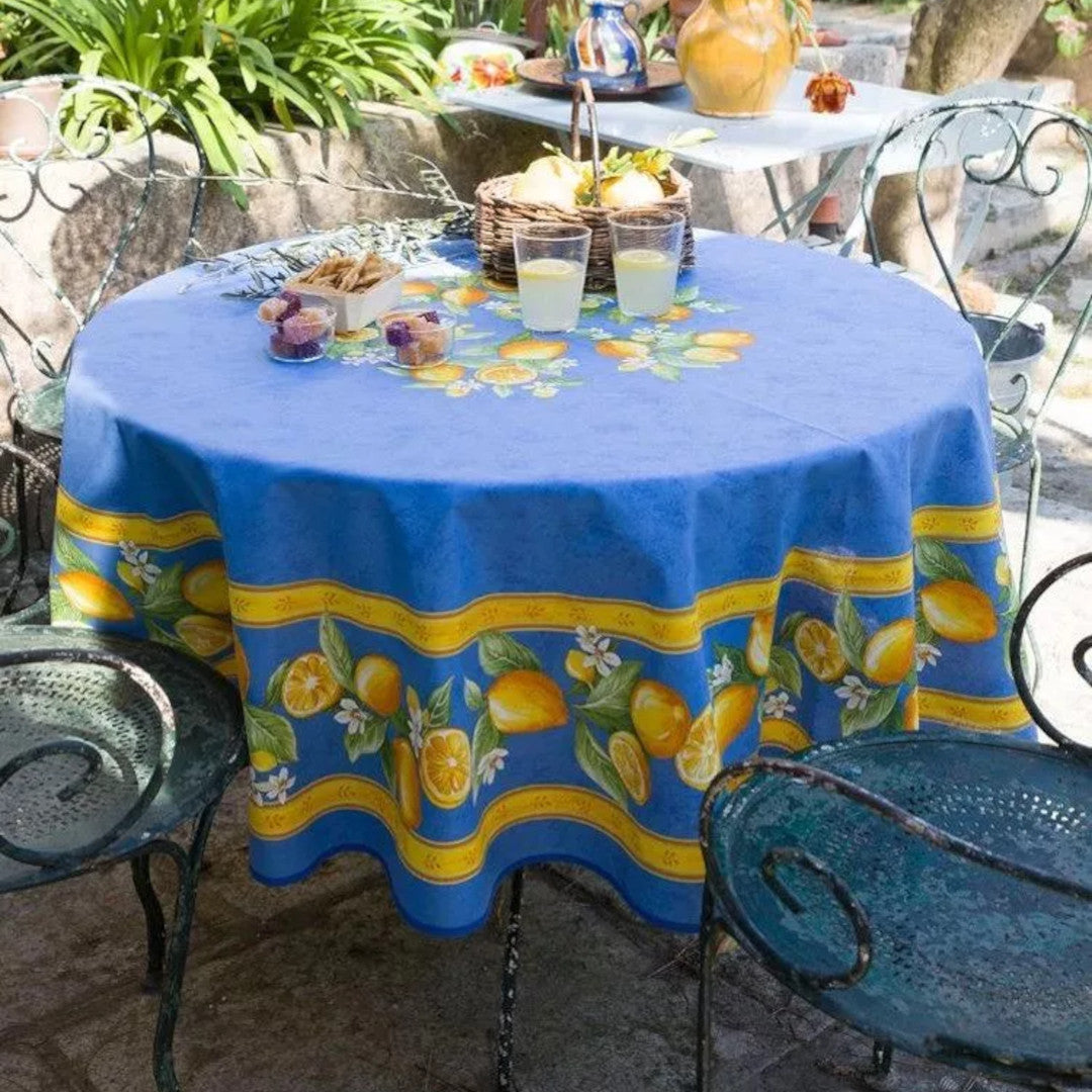 Citron Blå - Rund akrylbelagt provence-duk Ø 180 cm