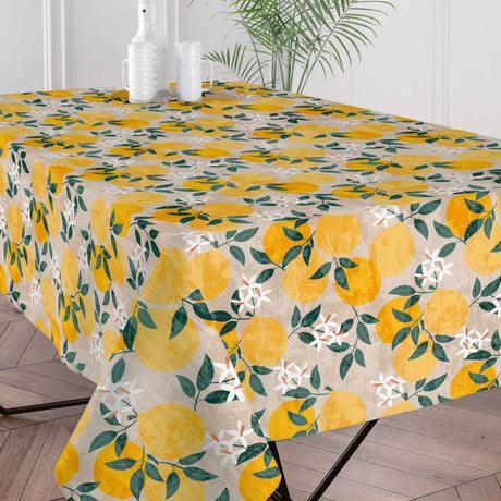 Nærbilde av Citronlunden Lino akrylduk med sitroner og linlook