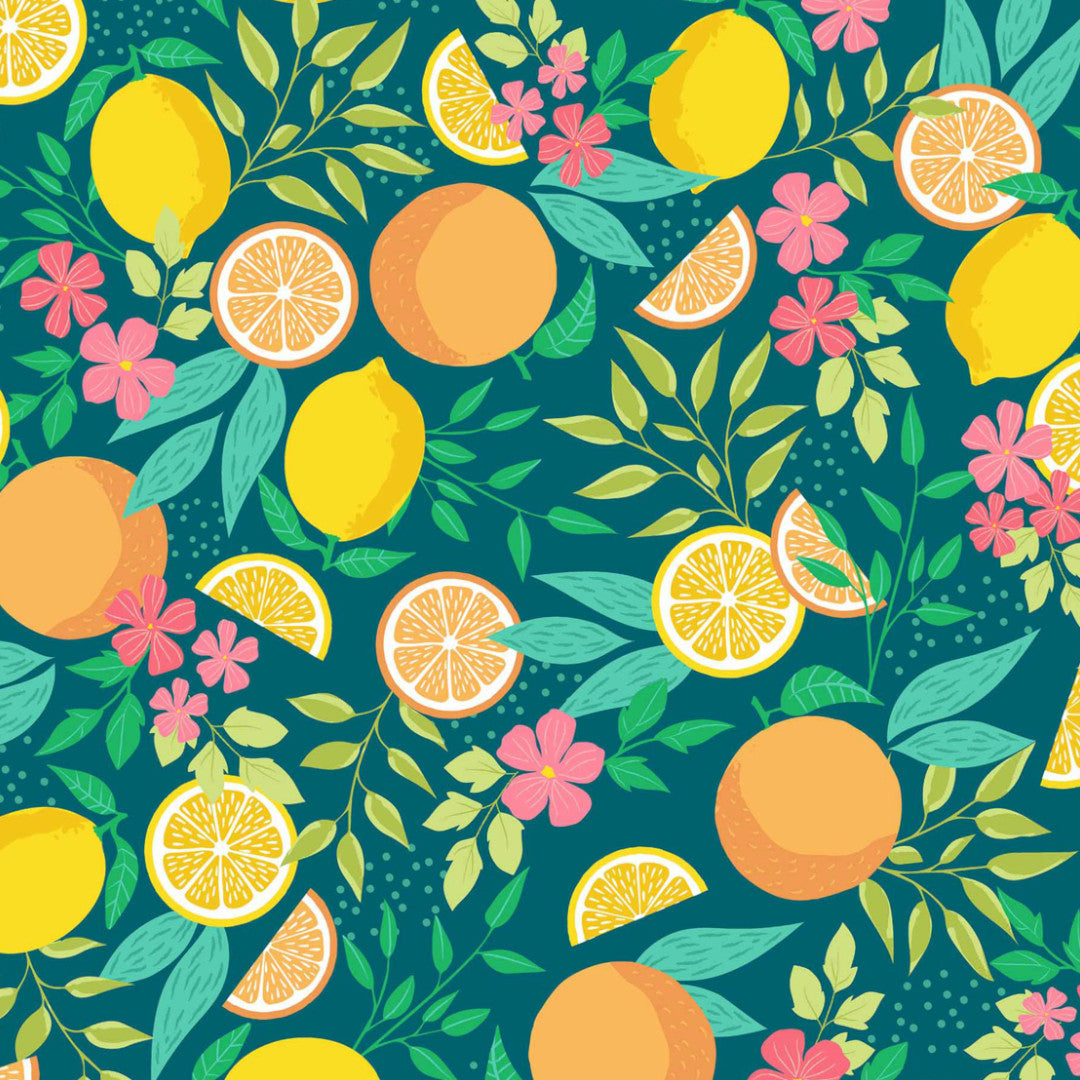 Citrus Emerald Green – Voksduk med sitroner og blader