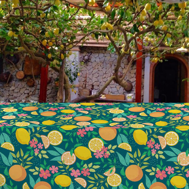 Citrus Emerald Green – Voksduk med sitroner og blader