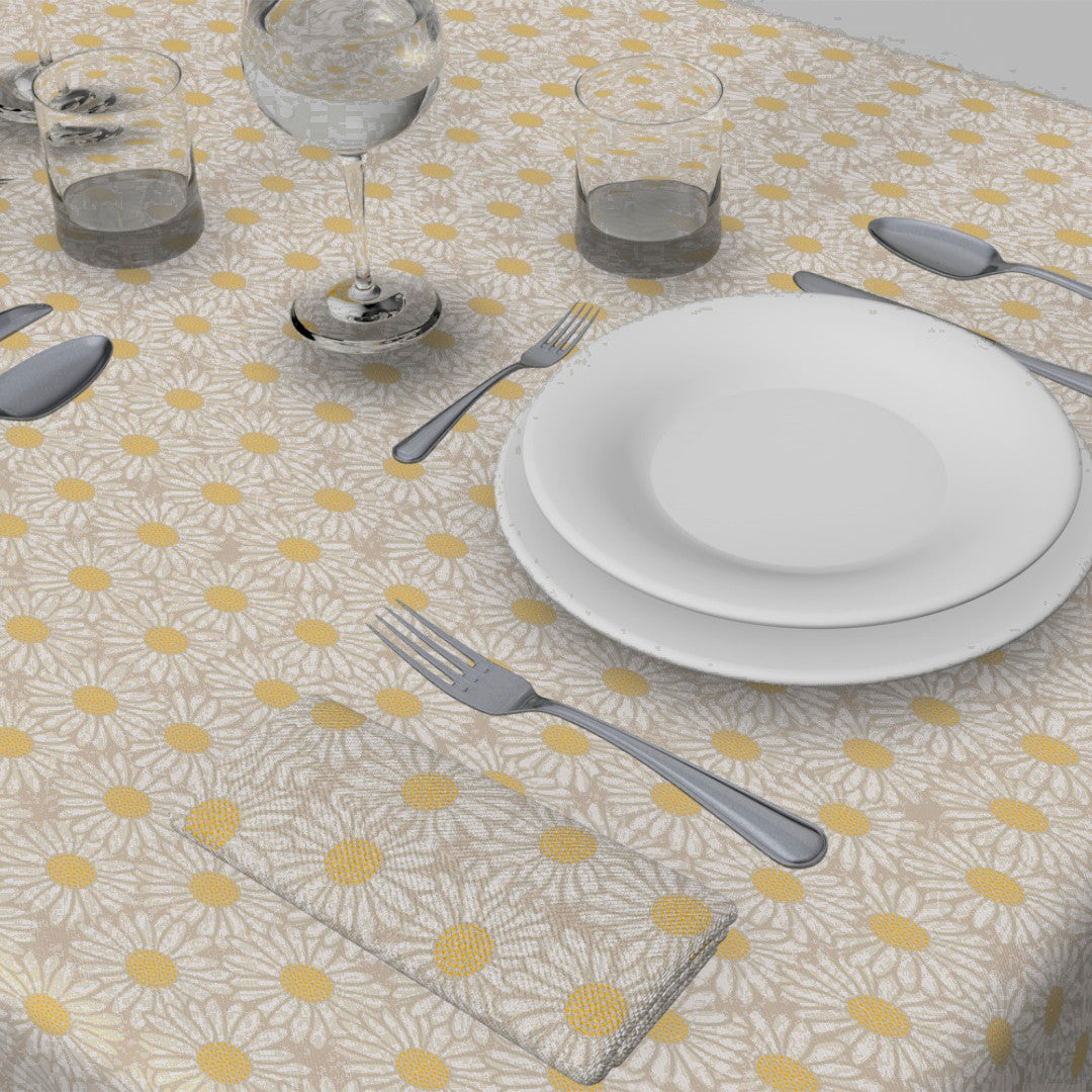 Daisy – Naturfarget akrylduk i hørlook med hvite prestekrager