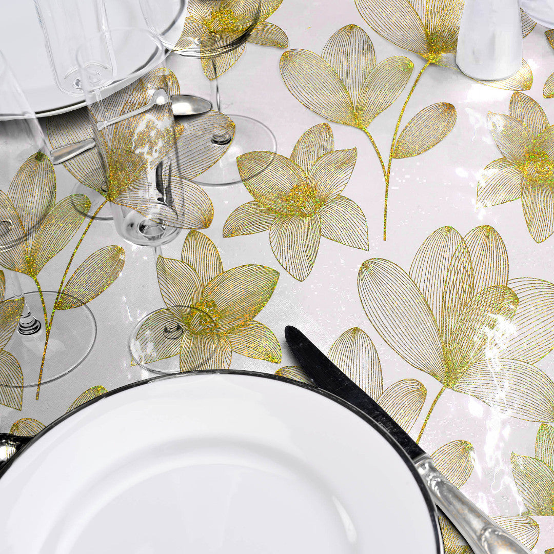 Nærbilde, Danela Gold – Gjennomsiktig voksduk, strekblomster og glittereffekt, rullet