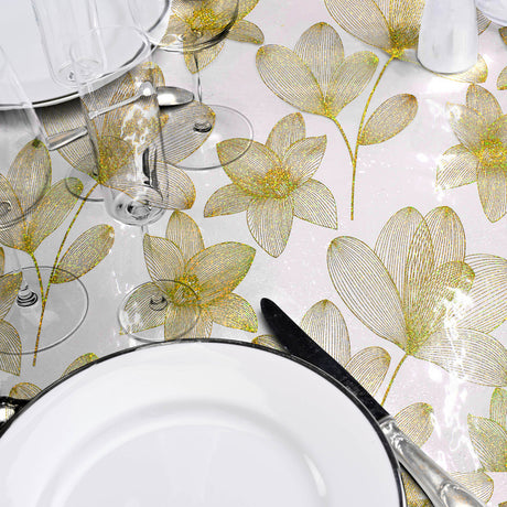 Nærbilde, Danela Gold – Gjennomsiktig voksduk, strekblomster og glittereffekt, rullet