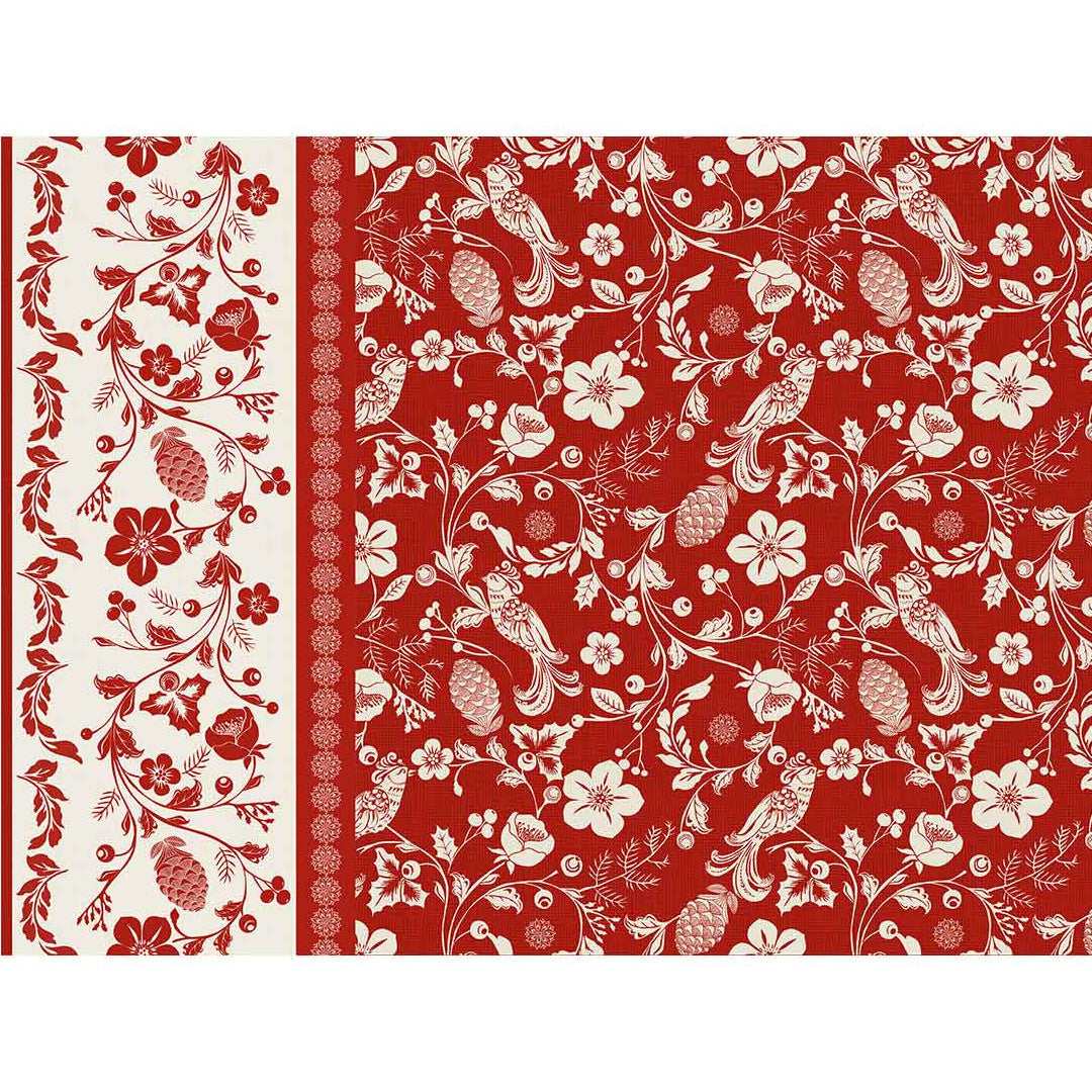 Daphne rød - Voksduk med blomster, bær og fugler