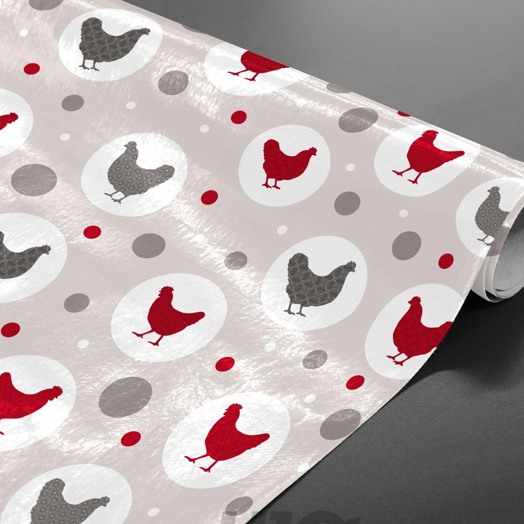 Den stolte høna – Lys grå voksduk med høner rullet