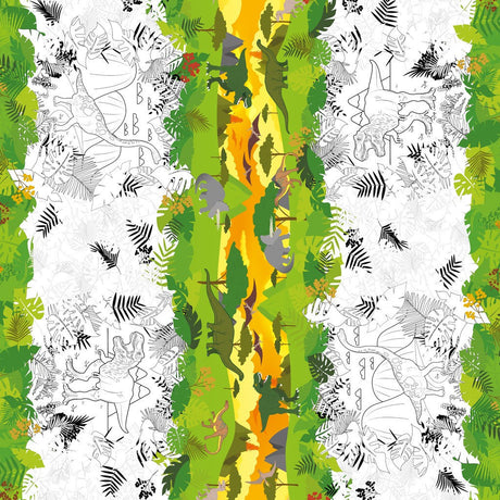 Fargelegg voksduken som i en malebok, voksduk med Dino-landskap