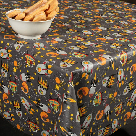 Dinofuzzy grå - Akrylduk med romskip 155 cm bred