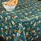 Dinofuzzy blågrønn - Akrylduk med romskip 155 cm bred