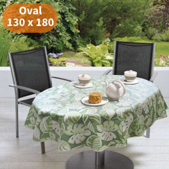 Tropical Leaves Green 130 x 180 cm – Oval sommerduk til hagebordet