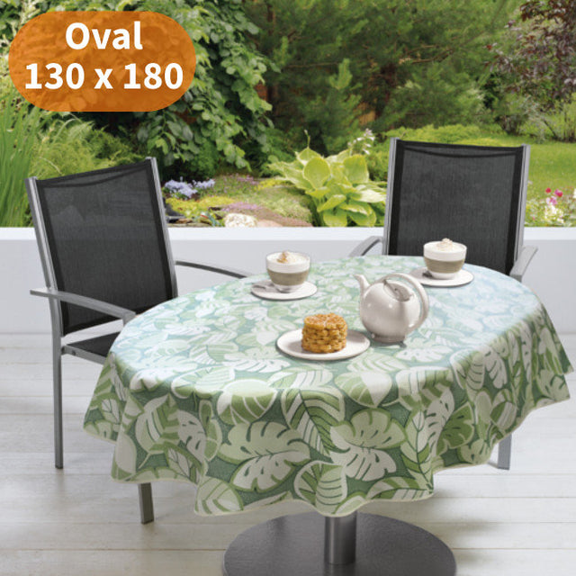 Tropical Leaves Green 130 x 180 cm – Oval sommerduk til hagebordet