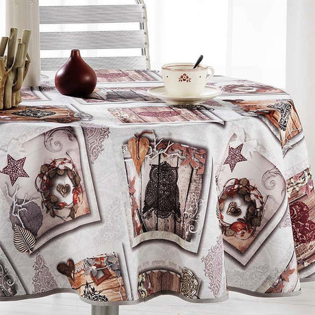 Wood Love Høstugler - Rund juleduk med flekkavvisende behandling, Ø 180 cm