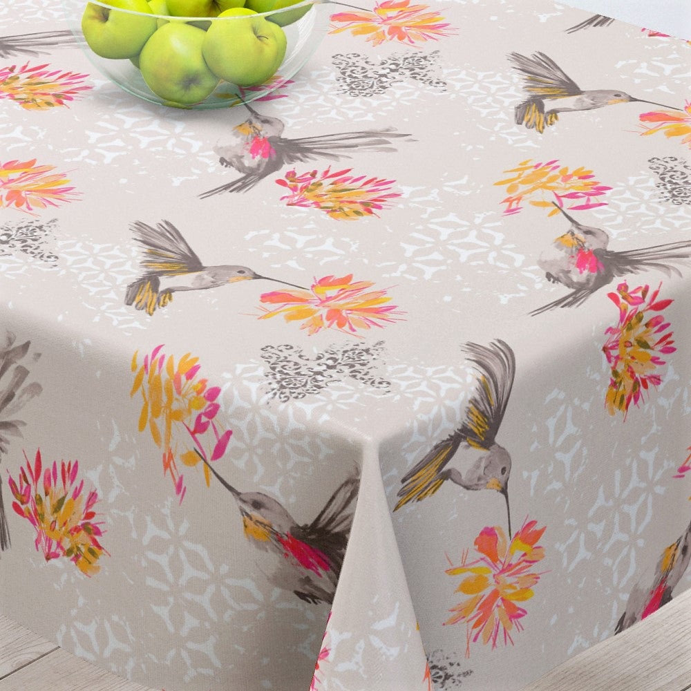 Elvire Grå - Akrylduk med vakre fugler med hessianlook - 150 cm bred