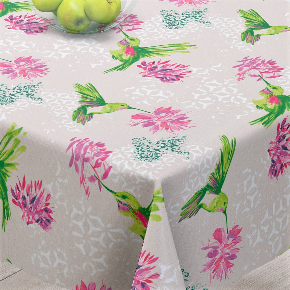 Elvire Grønn - Akrylduk med vakre fugler med hessianlook - 150 cm bred