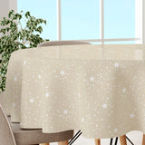Etoiles, rund julevoksduk med hvite stjerner på lys beige bakgrunn