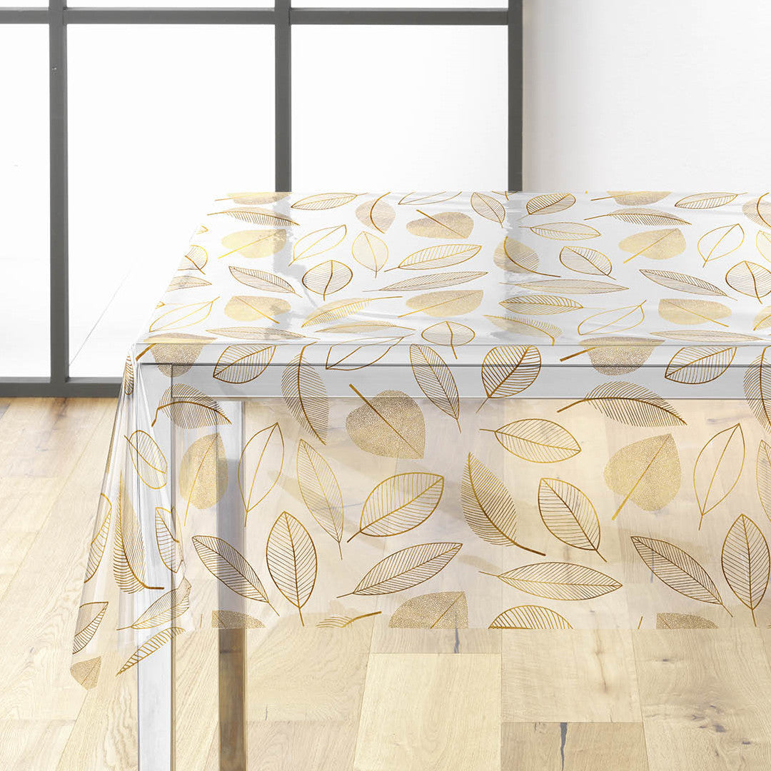 Feuillette Gold Glitter – kraftig gjennomsiktig voksduk med linjeblader og glittereffekt, hjørne