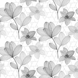 Filicity - Gjennomsiktig voksduk med strekillustrasjoner av blomster og blader, grå