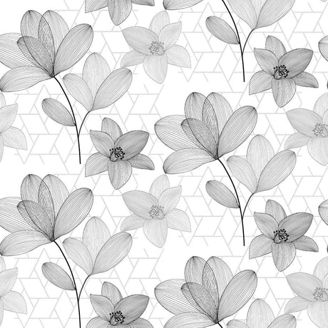 Filicity - Gjennomsiktig voksduk med strekillustrasjoner av blomster og blader, grå