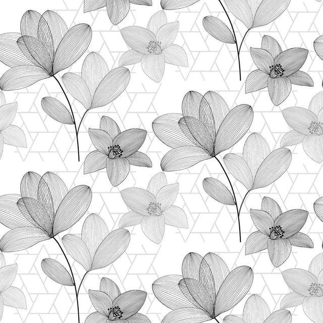 Filicity - Gjennomsiktig voksduk med strekillustrasjoner av blomster og blader, grå