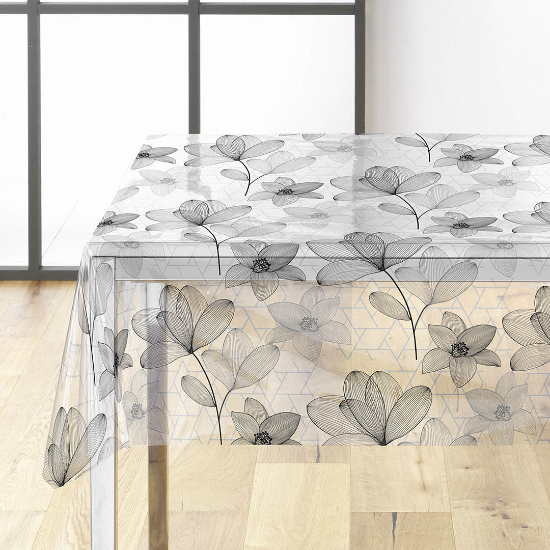 Filicity - Gjennomsiktig voksduk med strekillustrasjoner av blomster og blader, hjørne