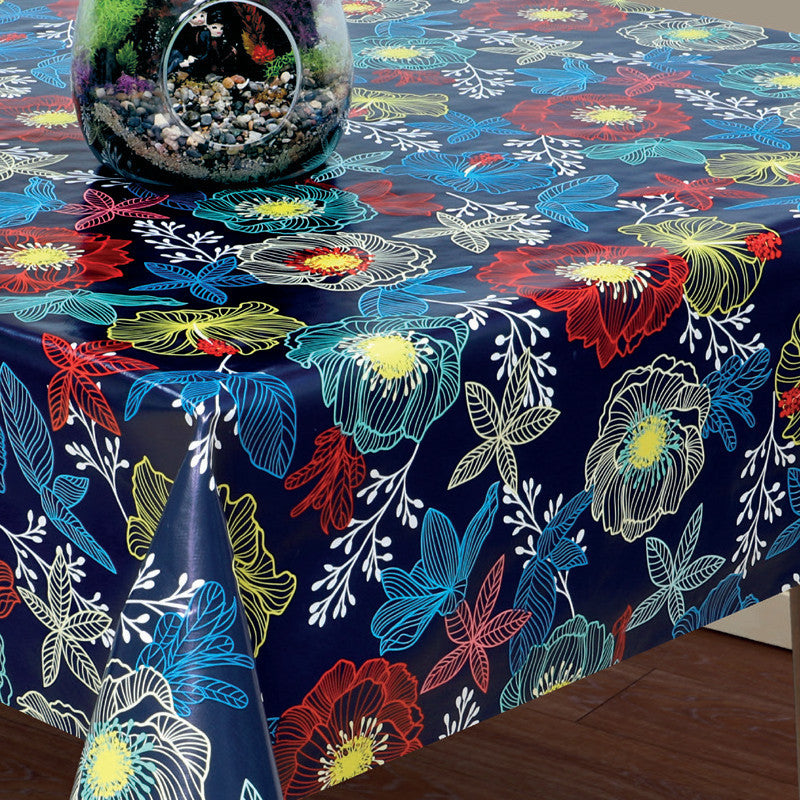 Filligranhagen Blå, voksduk med blader og blomster på blå bunn