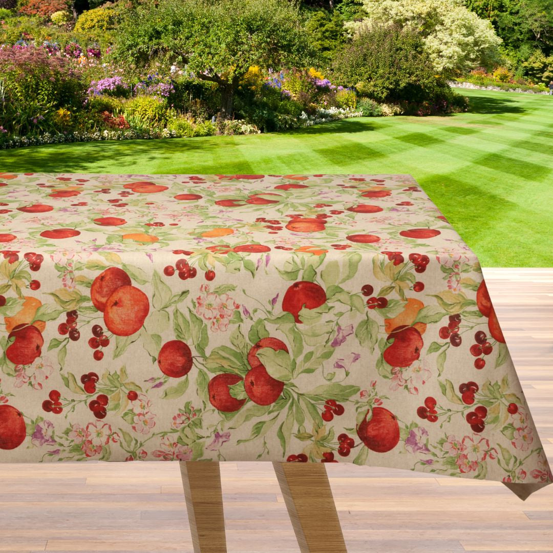 Fioritura di Melograno – Akrylduk i hørlook med røde granatepler og blader