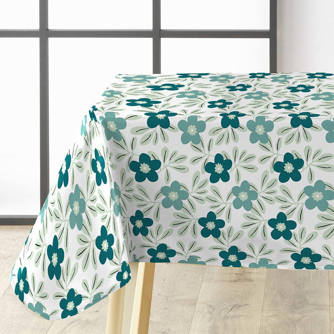 Flory Blue – Elegant voksduk med friske blå blomster, hjørne