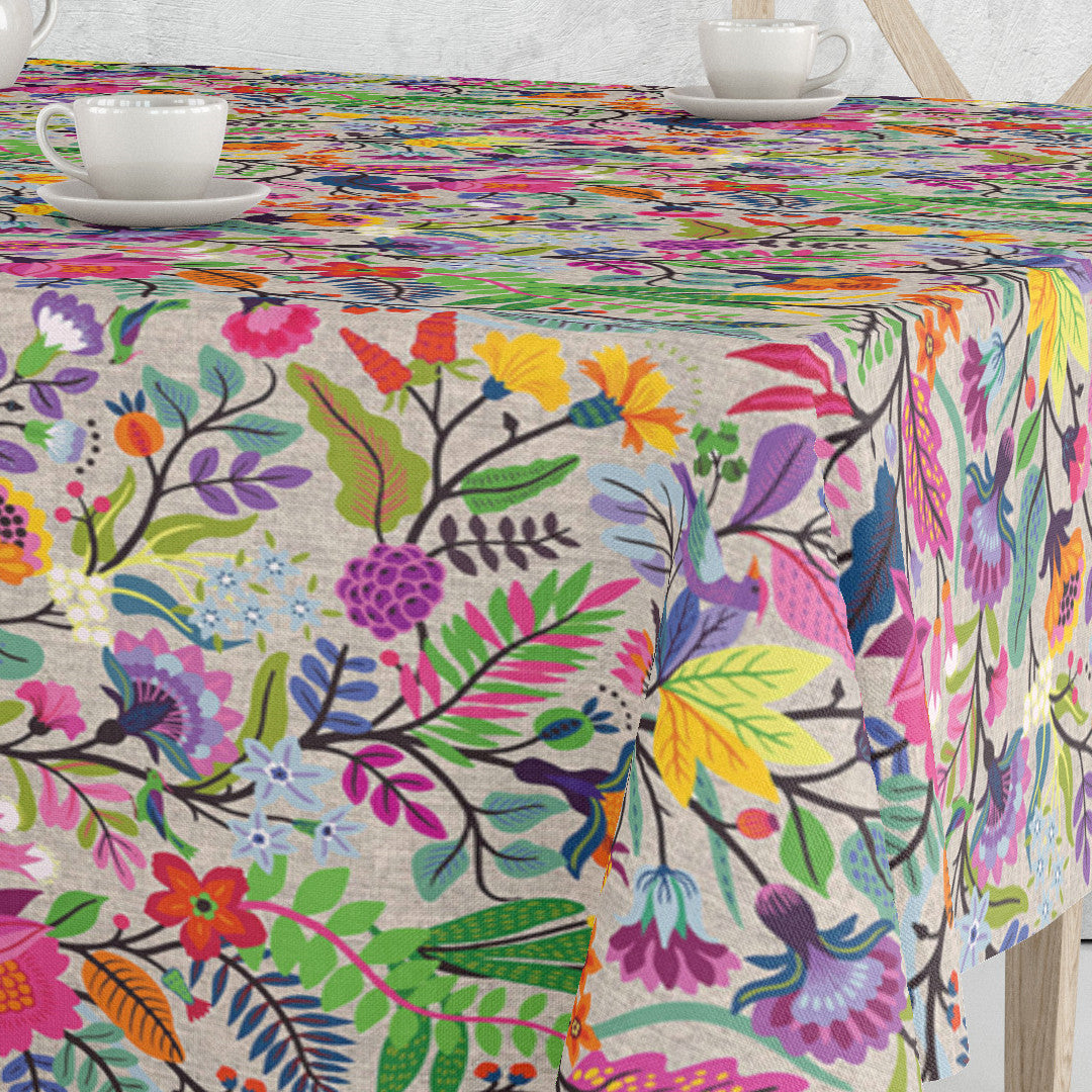 Flowers True Colors – Akrylduk i linlook med fargerike blomster, 160 cm