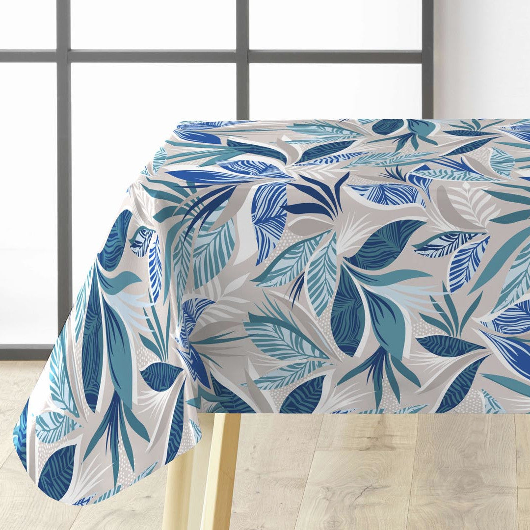 Funky Blue Jungle voksduk med blå blader på bord