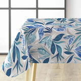 Funky Blue Jungle voksduk med blå blader på bord