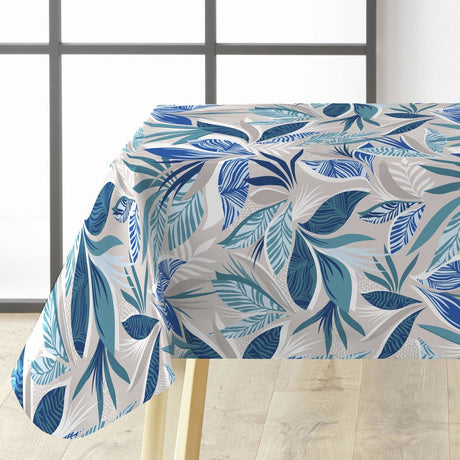 Funky Blue Jungle voksduk med blå blader på bord