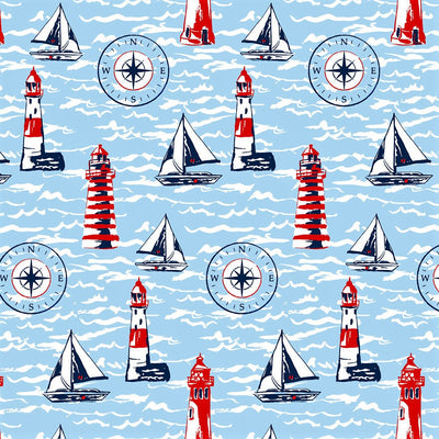 Fyrtårn – Maritim akrylduk i lyseblå med seilskuter m.m.