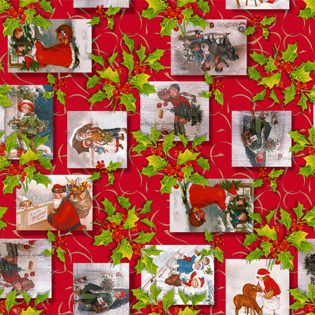 Gammeldags Jul Rød - Julevoksduk med flotte gamle julemotiver