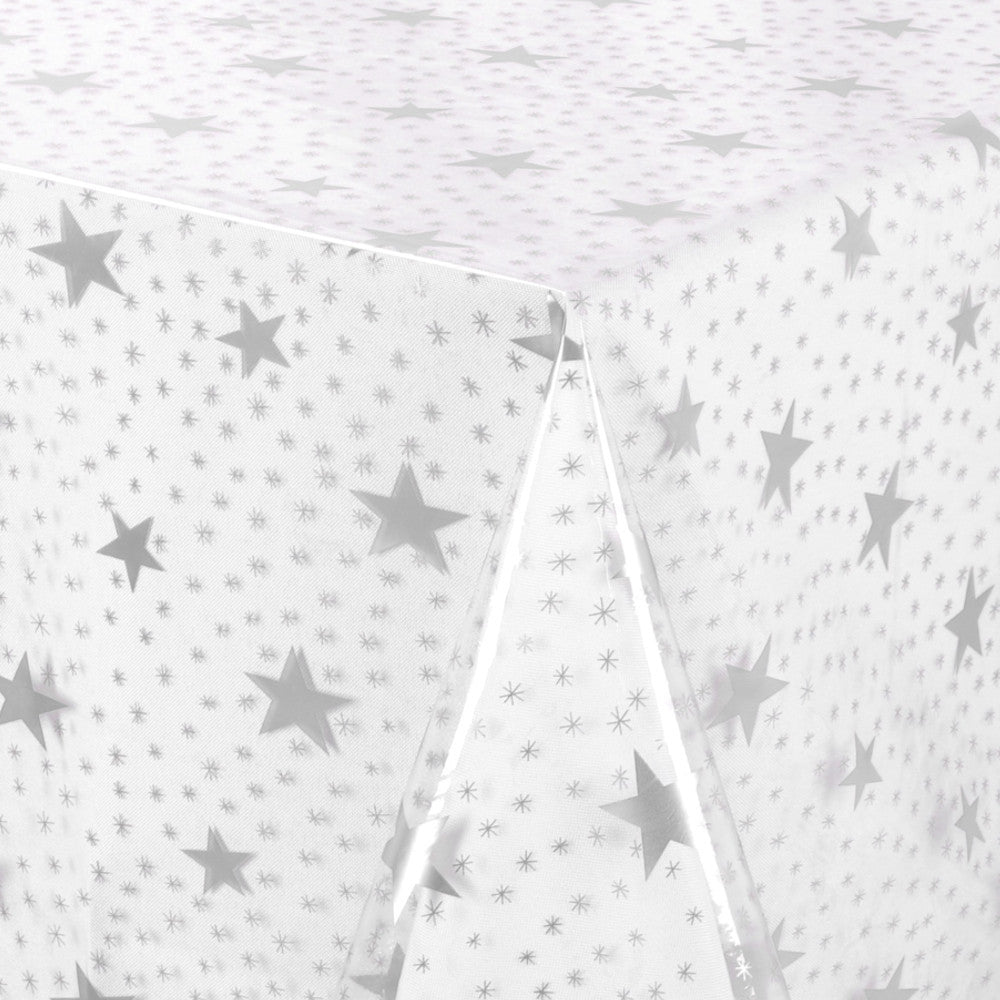 Gjennomsiktig voksduk trykt med sølvstjerner, klar plastfolie, 140 cm bred