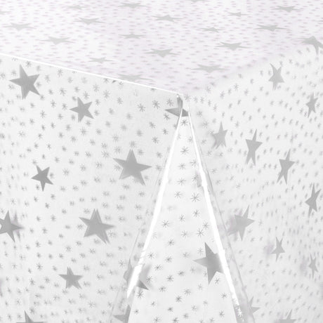 Gjennomsiktig voksduk trykt med sølvstjerner, klar plastfolie, 140 cm bred