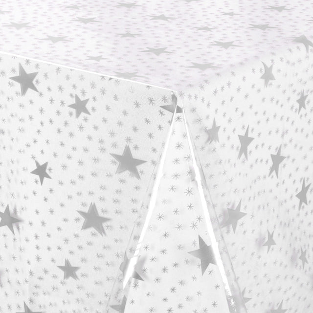Gjennomsiktig voksduk trykt med sølvstjerner, klar plastfolie, 140 cm bred