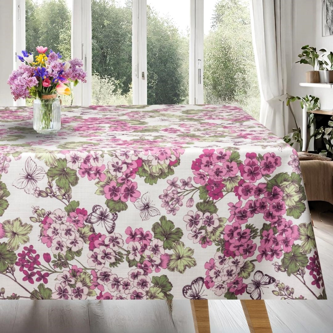 Geranium - Akrylduk med vakre lyserøde blomster 155 cm bred