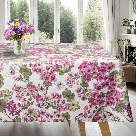 Geranium - Akrylduk med vakre lyserøde blomster 155 cm bred