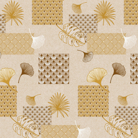 Ginkgo gyllen – beige voksduk med blader og mønstre